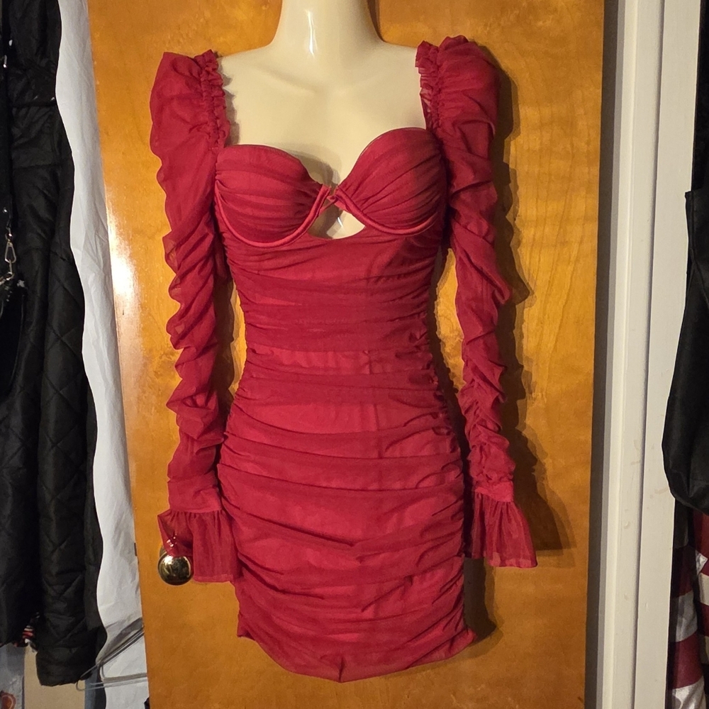 Oh Polly True For You Ruched Mesh Cut Out Mini Dress in Red